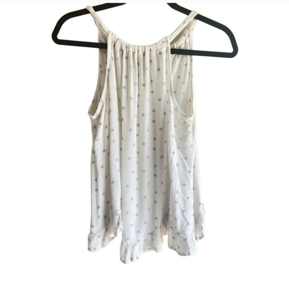 Sleeveless White Star-Print Ruffle Hem Top
